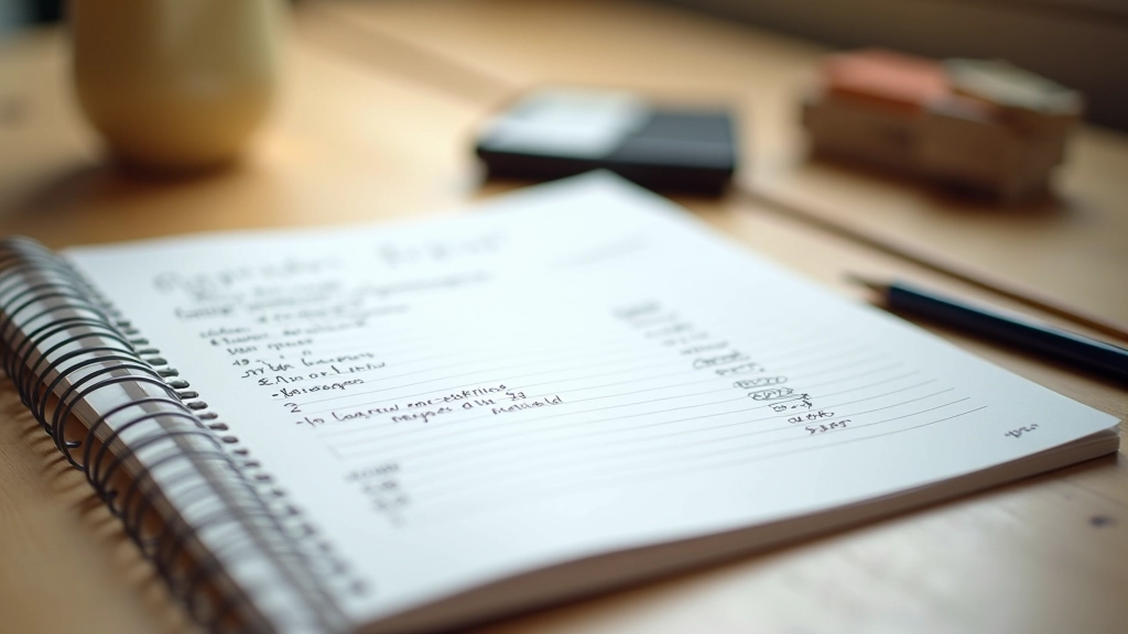 Gros plan d'une main notant des chiffres dans un carnet de budget avec des calculs visibles