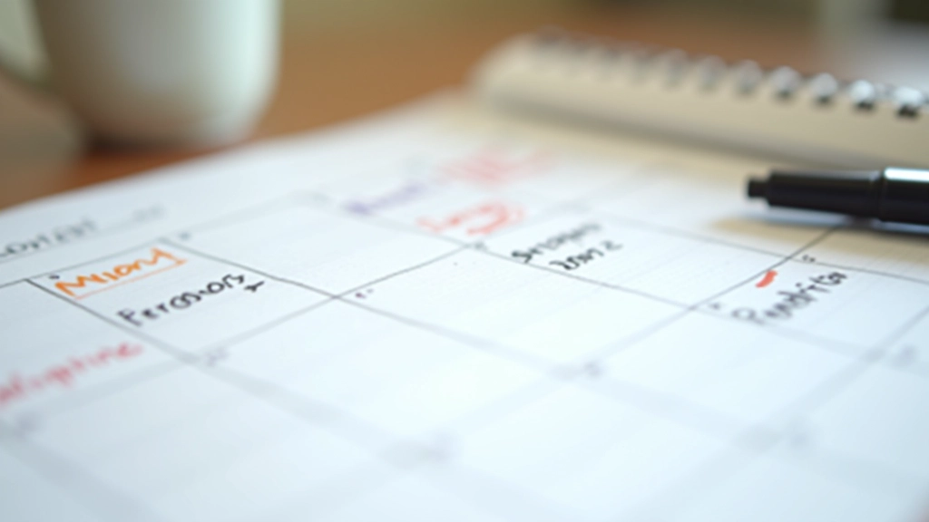 Calendrier de bureau avec annotations colorées des dates de paie et allocations mensuelles