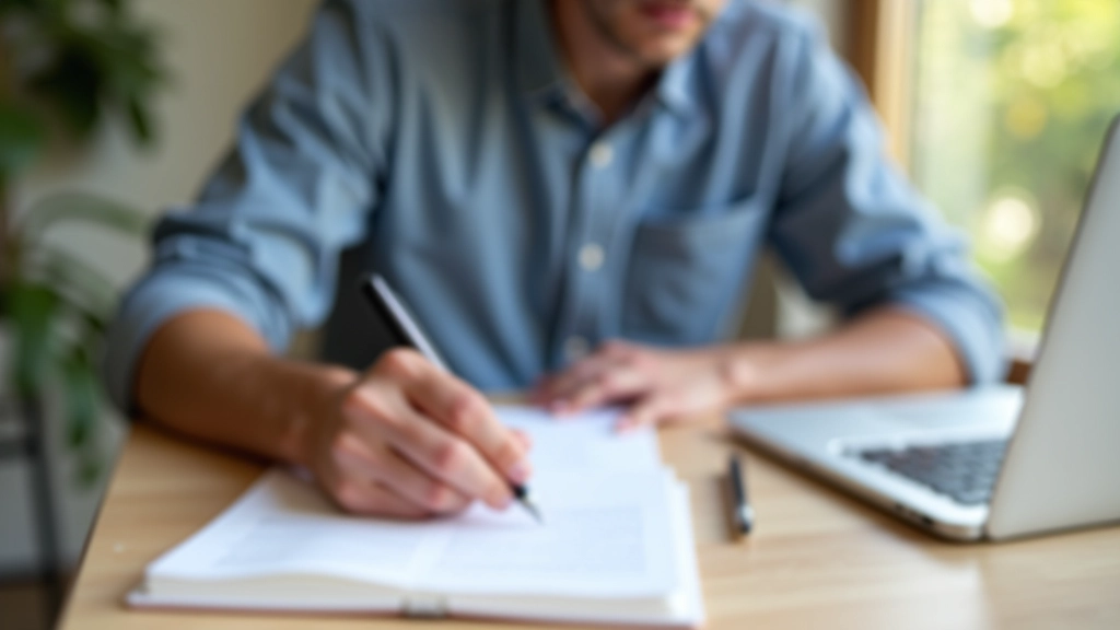 Personne tenant un cahier avec des notes et un stylo sur un bureau en bois