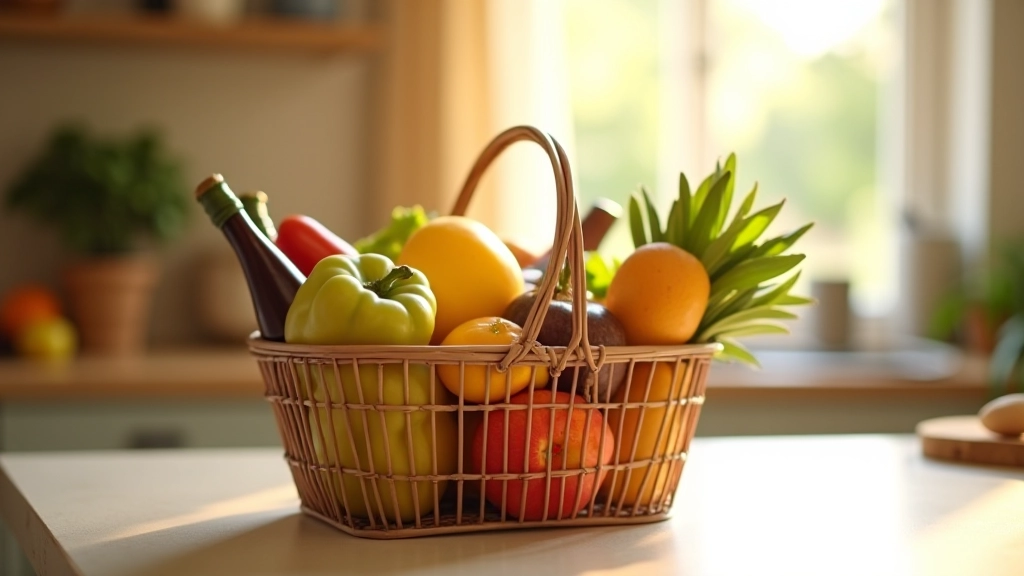 Panier d'épicerie et reçus de magasin sur une table, illustrant les dépenses variables mensuelles