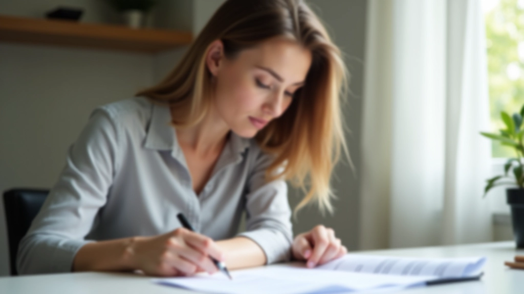 Femme assise à un bureau examinant des documents budgétaires et des relevés bancaires avec un stylo